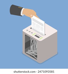 3D-isometrische flache Vektorillustration der Papierzerkleinerungsmaschine, Informationsschutz