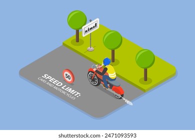 3D Isometric Flat Vector Illustration of Safe Moto Riding Tips, Motorcycle Driving Practice