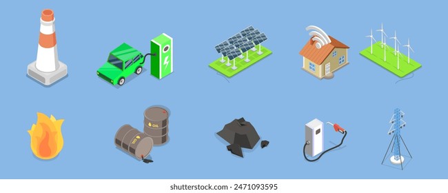 Ilustración vectorial plana isométrica 3D de la generación de energía verde, recursos renovables