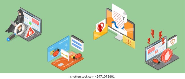 3D Isometric Flat Vector Illustration of Computer Crime, Cyber Security Breach