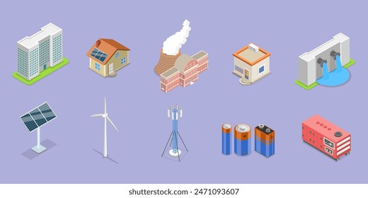 3D Isometric Flat Vector Illustration of Smart Grid, Energy Saving