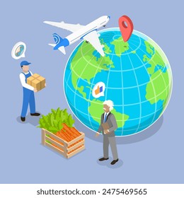 3D Isometric Flat Vector Illustration of Agricultural Products Export, Global Logistics Network