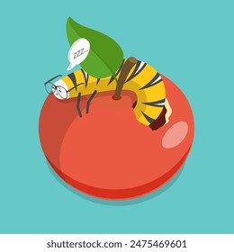 3D Isometric Flat Vector Illustration of Cute Cartoon Caterpillar, Bitten Apple