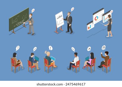 3D Isometric Flat Vector Illustration of Lecture Or Seminar , Students in Audience