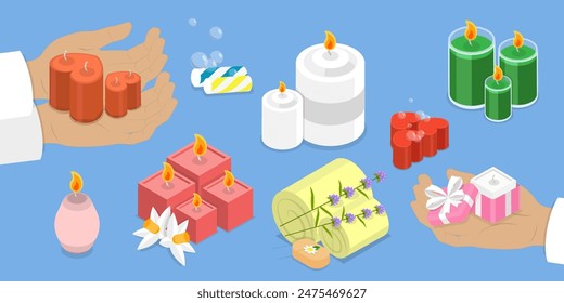 3D Isometric Flat Vector Illustration of Handmade Soap And Candles, Body Care Items