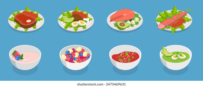 3D-isometrische flache Vektorillustration von Healthy Plate, ausgewogene Ernährung