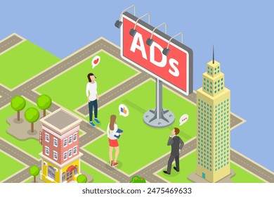 3D-isometrische flache Vektorillustration des Stadtmarketings , Effektive Werbekampagne