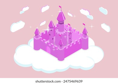 3D Isometric Flat Vector Illustration of Fairy Tale Castle, Wonderful Magic Kingdom in the Sky