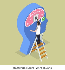 3D Isometric Flat Vector Illustration of Emotional Intelligence, Emotion Switch on Human Head