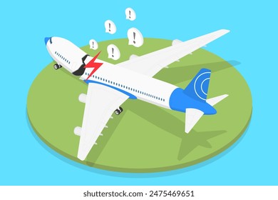 3D-isometrische flache Vektorillustration des Flugzeugunfalls, beschädigtes Flugzeug