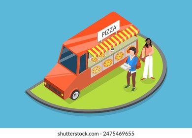 3D Isometric Flat Vector Illustration of Pizza Foodtruck, Street Food