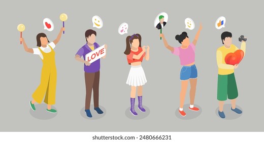 3D Isometric Flat Vector Illustration of K Pop Music Fans, Supporters displaying placards at event.