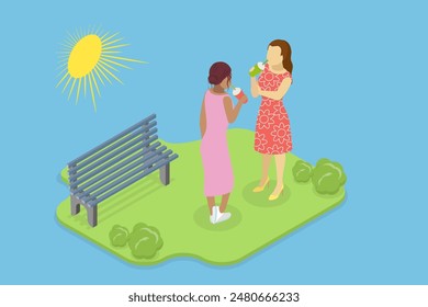 3D Isometric Flat Vector Illustration of Summertime, Young Women Delights in Summer Sipping Cold Refreshing Drink While Walking in Park