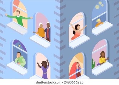 3D Isometric Flat Vector Illustration of House Windows With People , Good neighborhood