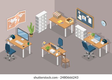 3D Isometric Flat Vector Illustration of Police Office, Interior of police station with equipment