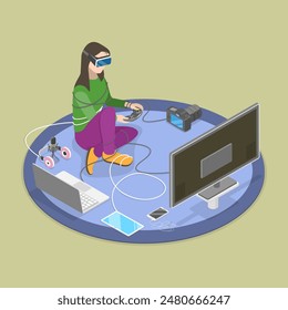 3D Isometric Flat Vector Illustration of Gadget Addiction, Lounging on Couch Tangled in Wires While Using Laptop