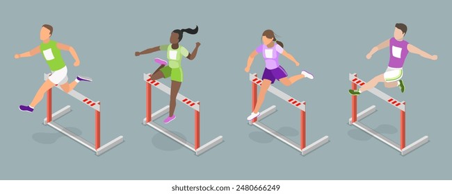 3D Isometric Flat Vector Illustration of Running With Barrier , An Intense Workout Challenge