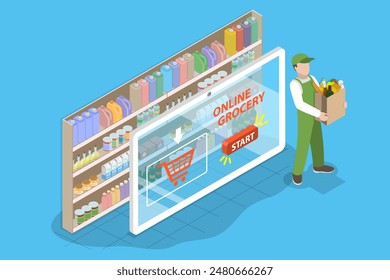 Ilustración vectorial plana isométrica 3D de la tienda de comestibles en línea, compras del supermercado