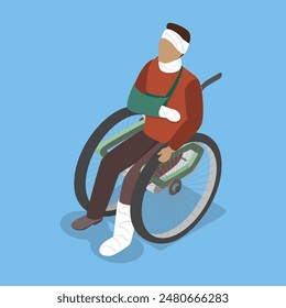 3D Isometric Flat Vector Illustration of Sick Man With Injuries, Injured Person in Wheelchair