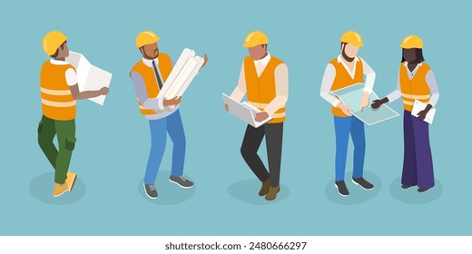 3D Isometric Flat Vector Illustration of Workers Construction Engineers, Construction Architects in Helmets with Tools and Blueprints.