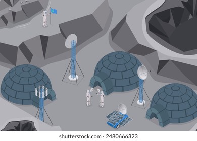 3D Isometric Flat Vector Illustration of Earth Satellite Exploration, Moon Surface.