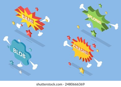 3D Isometric Flat Vector Illustration of Comic Sound Effects , Speech Bubbles with Dot Pattern