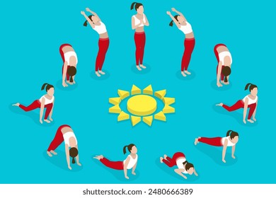 3D Isometric Flat Vector Illustration of Surya Namaskar, Sun Salutation a yoga sequence honoring the sun