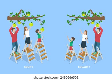 3D-isometrische flache Vektorillustration von Gleichheit und Gerechtigkeit, Gerechtigkeit und fairem Verfügbarkeitssystem
