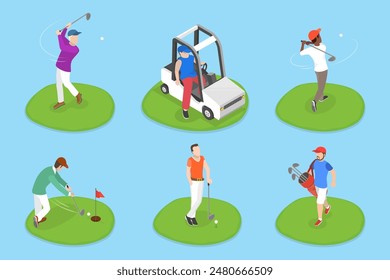 Ilustración vectorial plana isométrica 3D de golfistas, jugadores en el campo con palos y Carritos