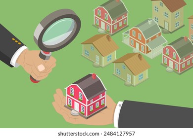 3D Isometric Flat Vector Illustration of Looking for Real Estate, Efficiente Search for Properties