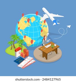3D Isometric Flat Vector Illustration of Touristic Service, Travel Company Manager