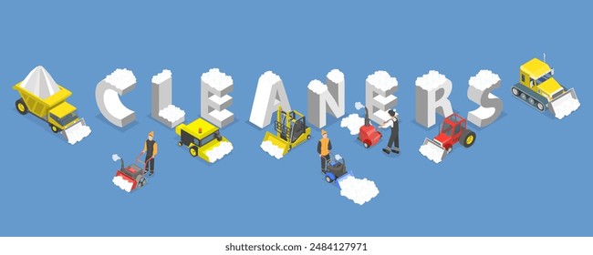 3D Isometric Flat Vector Illustration of Snow Cleaners, Snowy Street Cleanup