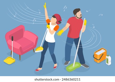 3D Isometric Flat Vector Illustration of Joyful Couple Tidying Their Home, Cleaning House and Dancing to Music Beats