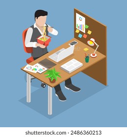 3D Isometric Flat Vector Illustration of Quiet Workplace , Man Having a Peaceful Lunch Break at Work.