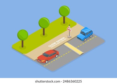 3D Isometric Flat Vector Illustration of Reaching a Speed Bump, Safety Car Driving Rules