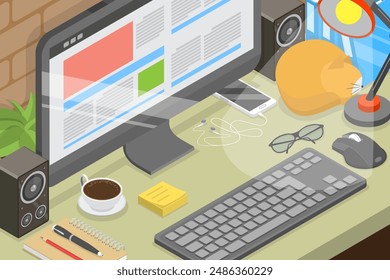 3D Isometric Flat Vector Illustration of Freelance Workplace, Working at Home Office Desk