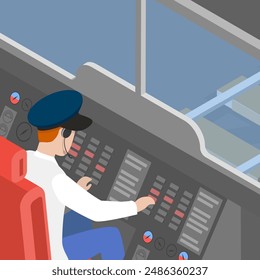 3D Isometric Flat Vector Illustration of Train Driver, Inside View from a Cabin