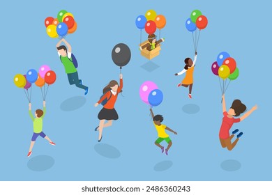 3D Isometric Flat Vector Illustration of Soaring in the Sky, Happy Children Flying High with Bright Balloons