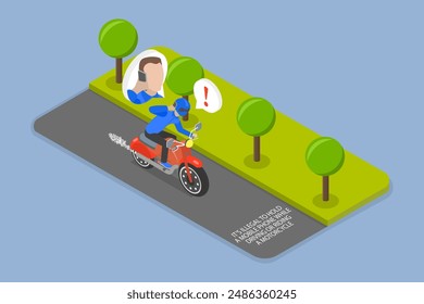 3D Isometric Flat Vector Illustration of Essential Tips and Rules for Safe Motorcycle Riding, Driving Safety