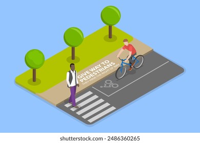 Ilustración vectorial plana isométrica 3D del rendimiento a un peatón, reglas para conducir una bicicleta de forma segura y seguimiento de las regulaciones de tráfico