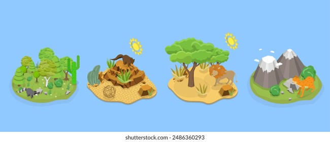 Ilustración vectorial Plana Isométrica 3D de Fauna Silvestre, Animales Silvestres Tipos de Hábitat