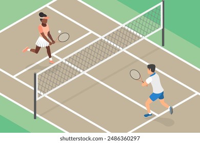 3D Isometric Flat Vector Illustration of Playing Tennis on Court, Active Lifestyle