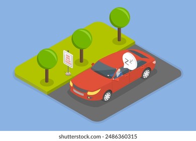 3D Isometric Flat Vector Illustration of Drowsy Driver, Unsafe Driving