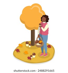 3D Isometric Flat Vector Illustration of Mushroom Picking, Autumn Forest. Item 2