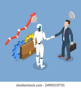 3D Isometric Flat Vector Illustration of Contract With Ai Robot, Shaking Hands with Robot