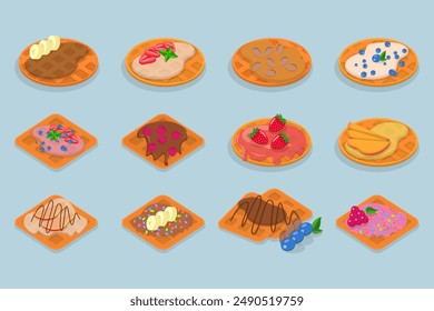 3D Isometric Flat Vector Illustration of Homemade Pastry, Assorted Belgian Waffles with Fresh Berries, Cream, and Icecream