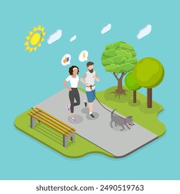 Ilustración vectorial plana isométrica 3D de trotar juntos, pareja y perro corriendo en el parque en ropa deportiva