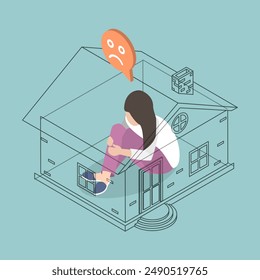 3D Isometric Flat Vector Illustration of Self-isolation At Home, Lonely Young Woman Isolating Herself at Home in a State of Unhappiness