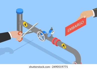 3D Isometric Flat Vector Illustration of Embargo or Sanctions, Diplomat or Policymaker Cuts Oil Pipeline with Large Scissors