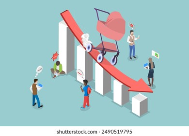 3D Isometric Flat Vector Illustration of Fertility Reduction In Europe, Decline Chart Showing Decrease in Number of People over Time.
